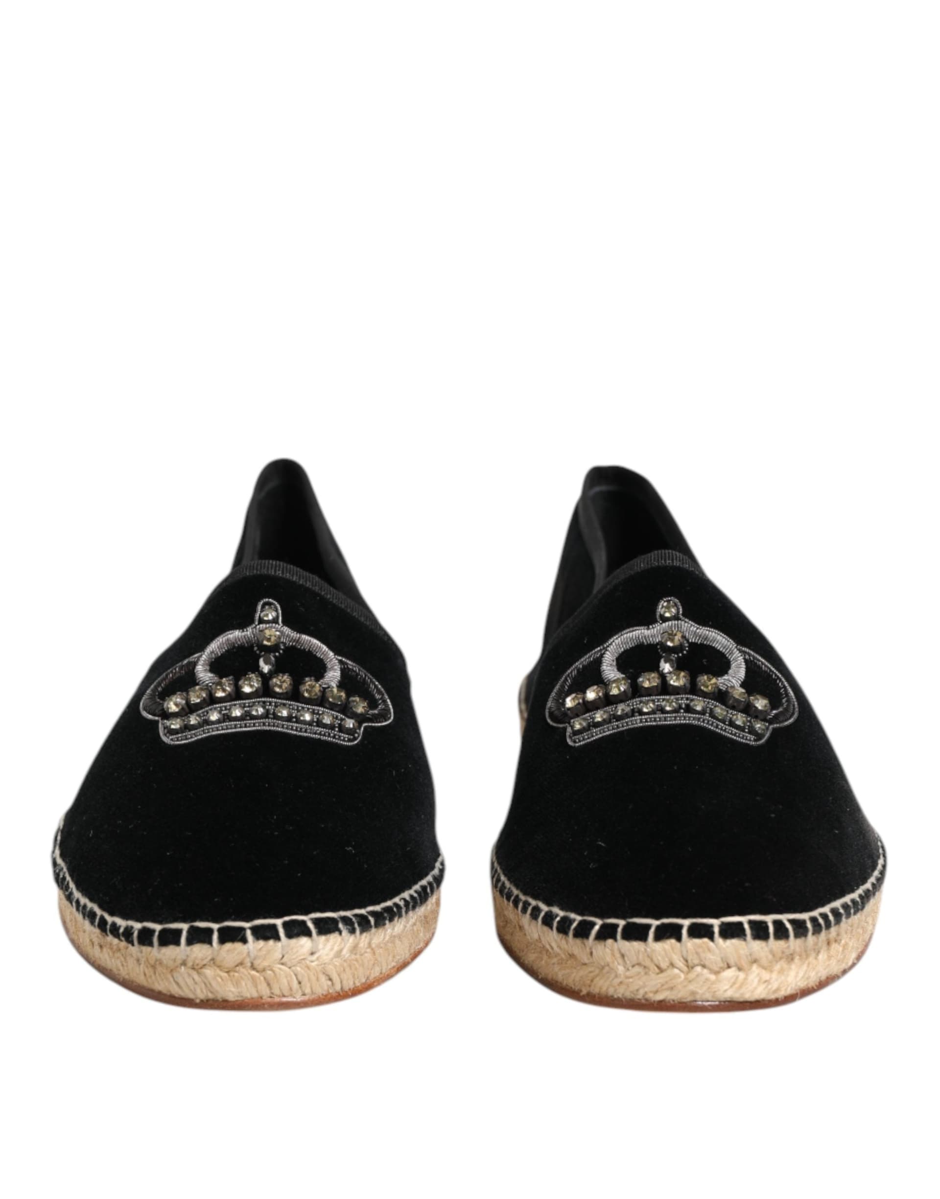 Dolce & Gabbana Black Embellished Crown Flat Espadrilles Shoes - 2