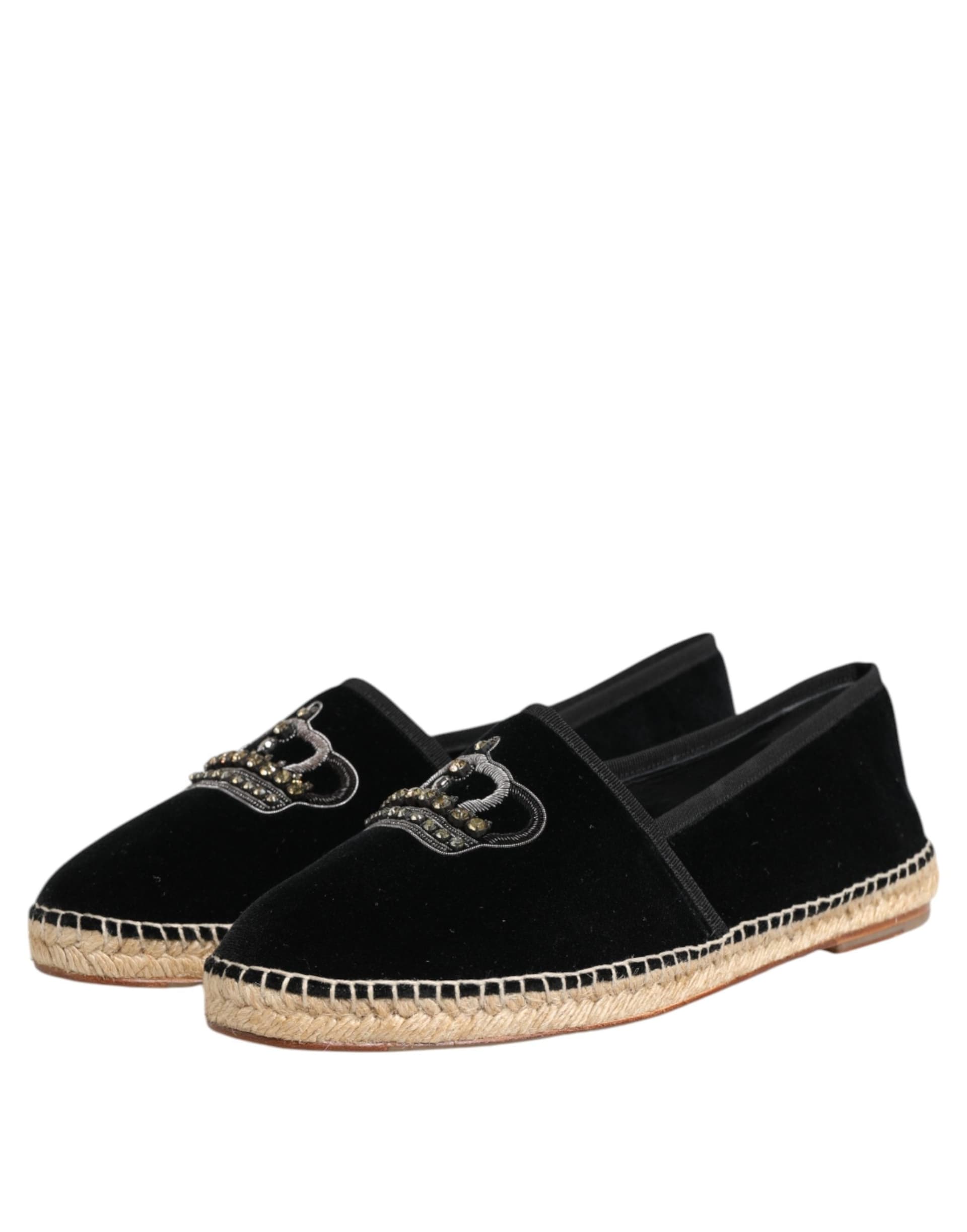 Dolce & Gabbana Black Embellished Crown Flat Espadrilles Shoes - 4