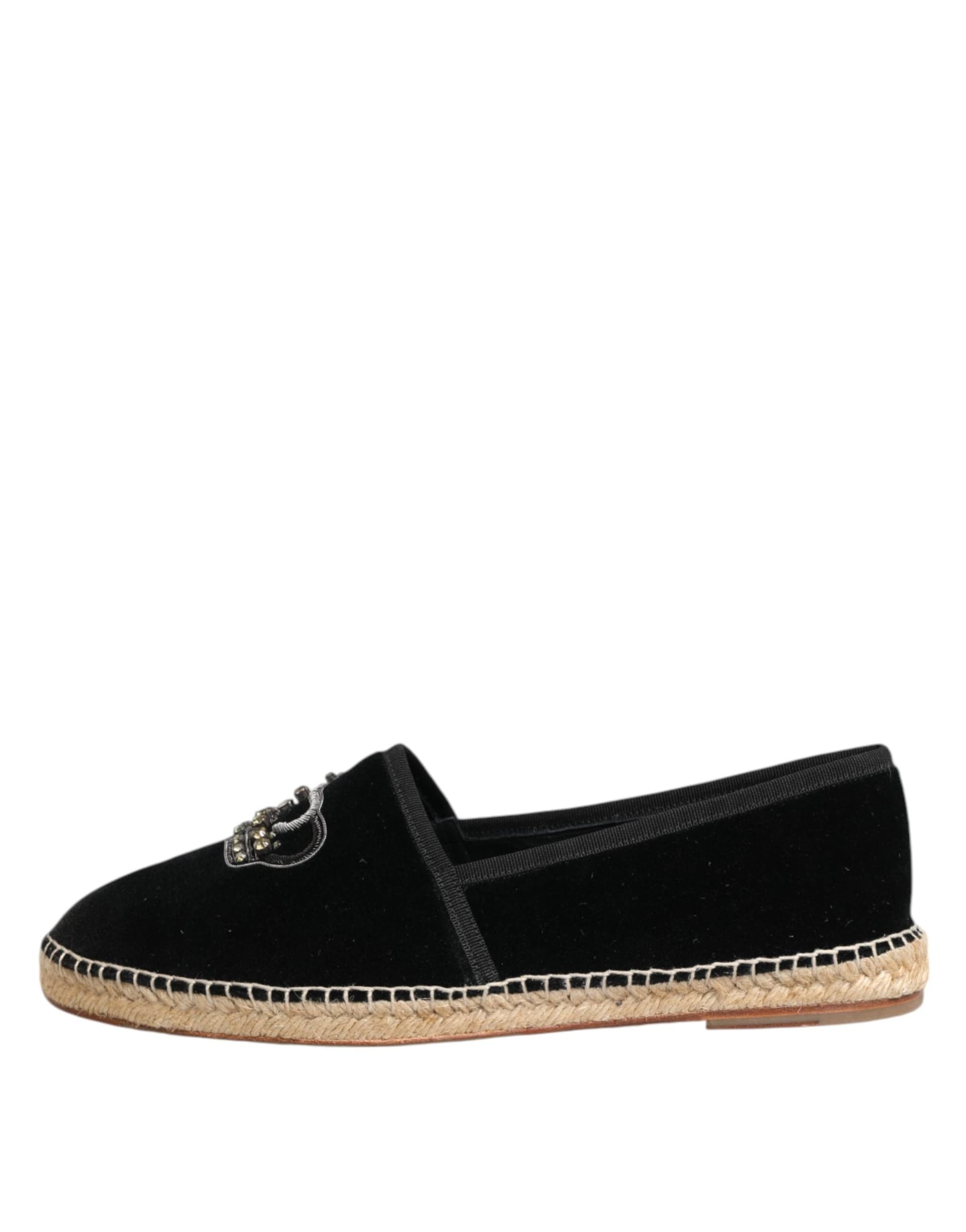 Dolce & Gabbana Black Embellished Crown Flat Espadrilles Shoes - 6