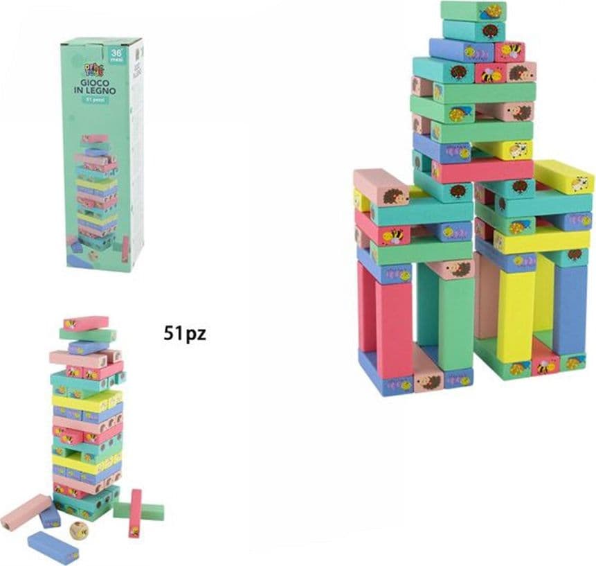 GIOCO JENGA CON DISEGNI ANIMALI 51PZ MATTONCINI BLOCCHI IN LEGNO MULTICOLORE BAMBINI 31592 - 2