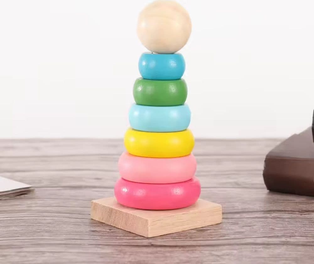 MINI TORRE PIRAMIDE ARCOBALENO IN LEGNO BASE QUADRATA GIOCO EDUCATIVO PER BAMBINI 53563 - 2