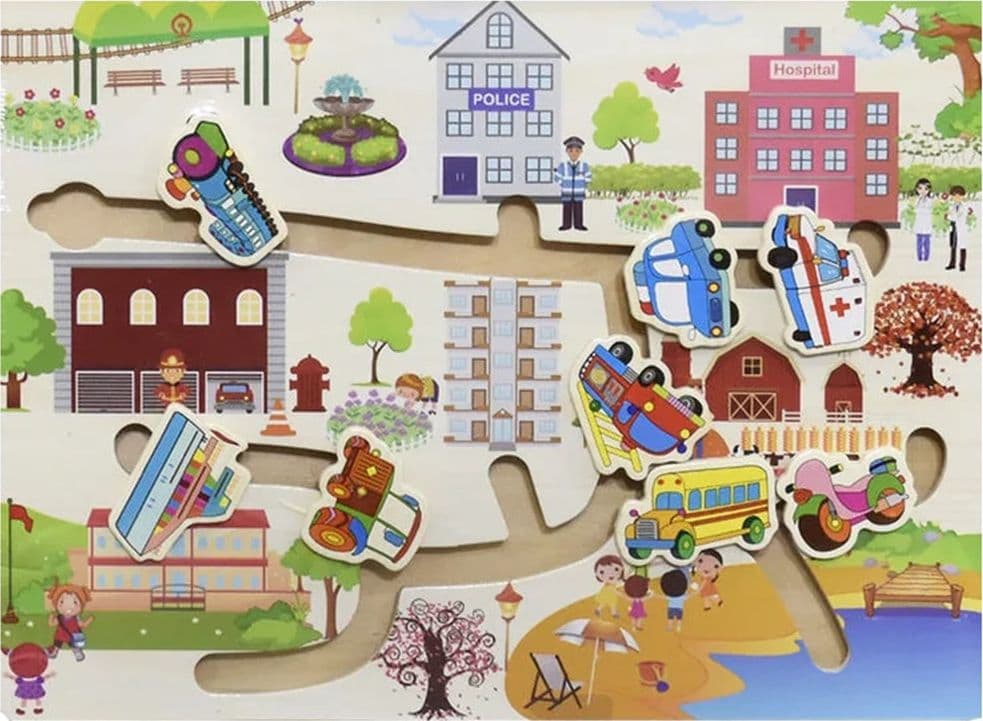 PUZZLE LABIRINTO IN LEGNO CON MOVIMENTO VEICOLI CITTÀ GIOCATTOLI EDUCATIVI BAMBINI 66013 - 2