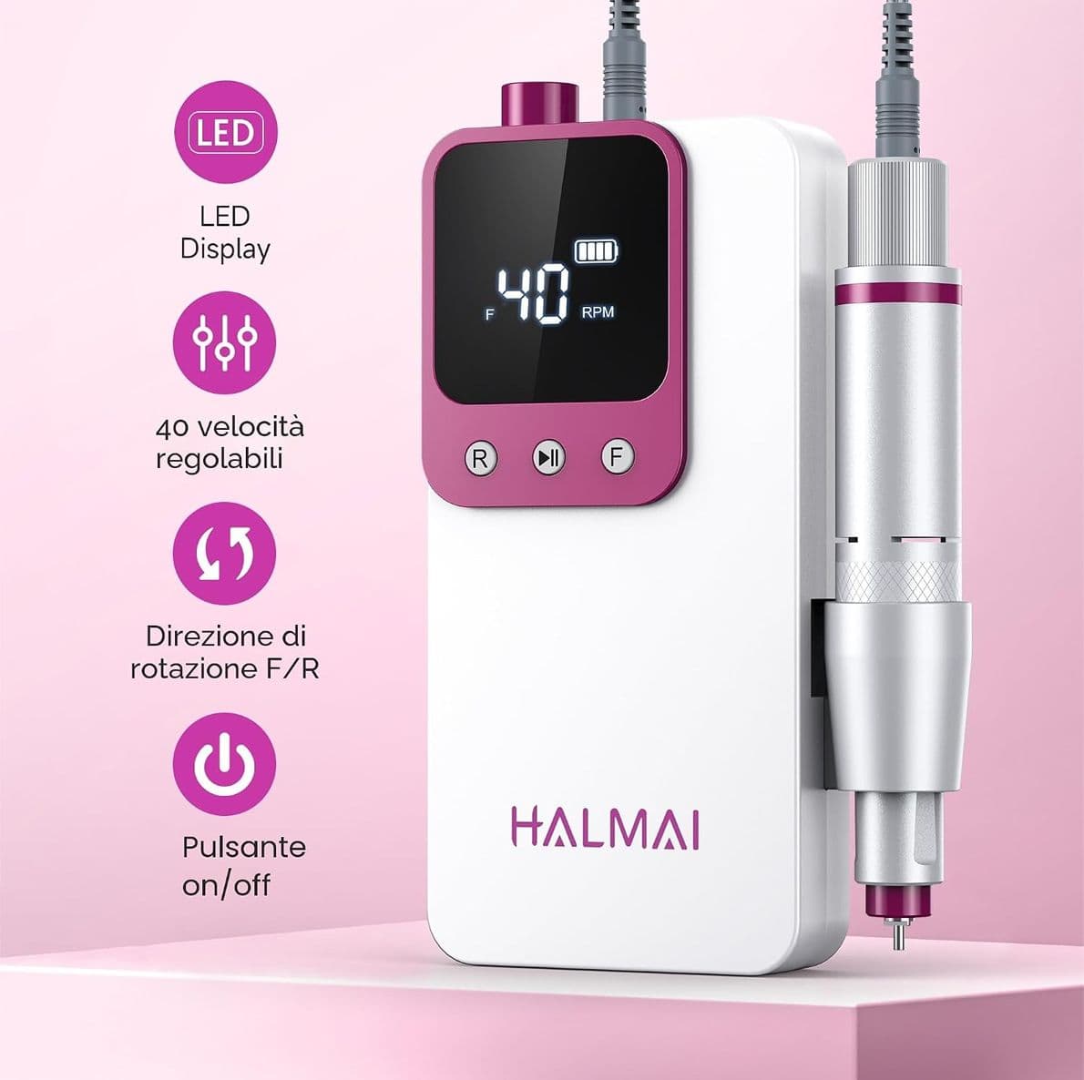HALMAI Fresa per Unghie Professionale HMC320 Kit Ricaricabile 40000 Giri/Min Limetta Elettrica Portatile per Gel Acrilico e Manicure da Salone Bianco - 4
