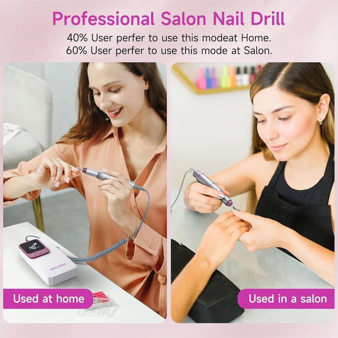 HALMAI Fresa per Unghie Professionale HMC320 Kit Ricaricabile 40000 Giri/Min Limetta Elettrica Portatile per Gel Acrilico e Manicure da Salone Bianco - 5