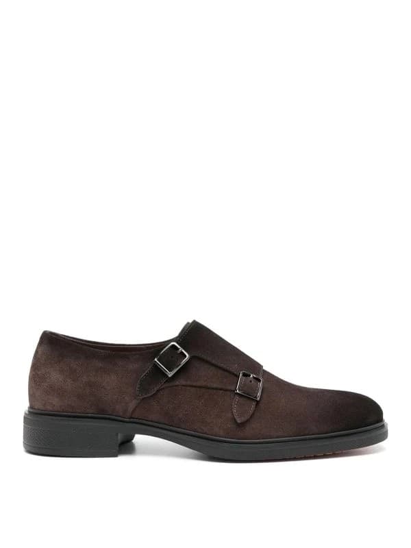 Santoni  Mocassini Uomo in Suede Marrone con Doppia Fibbia - 3