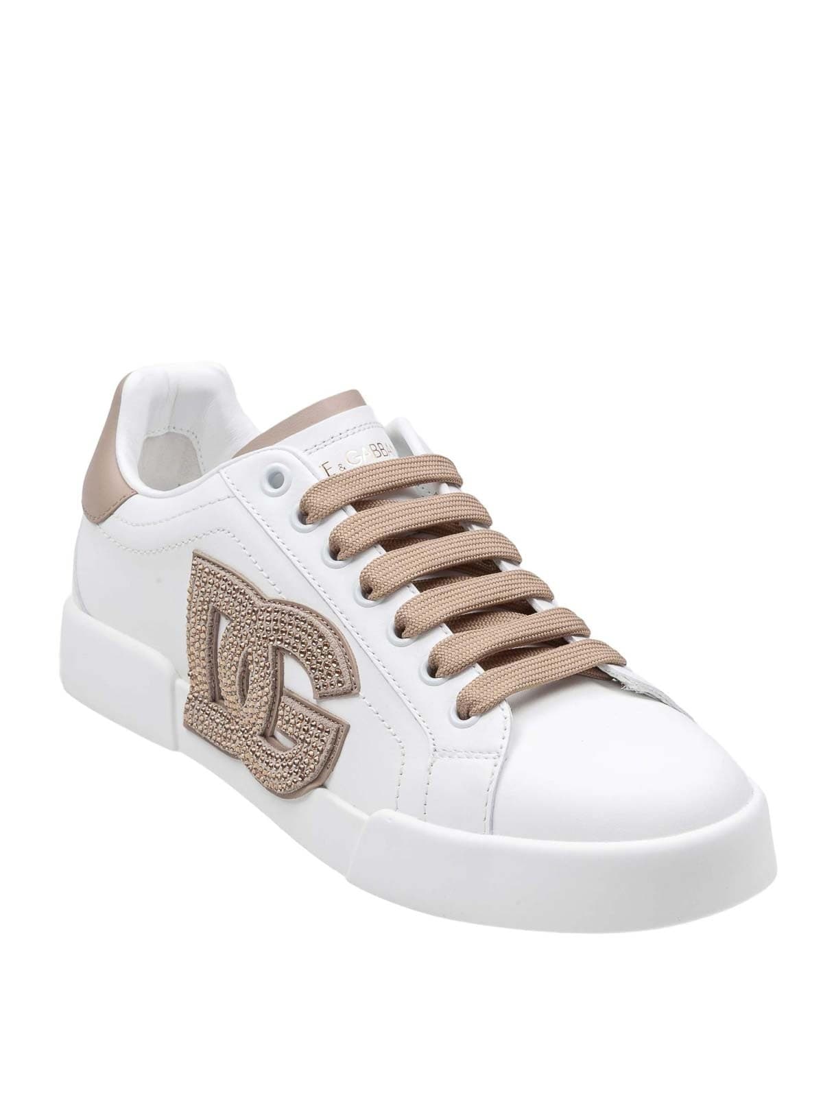 Dolce &amp; Gabbana olce &amp; Gabbana Portofino Sneakers Donna Bianche in Pelle con Cristalli - 3