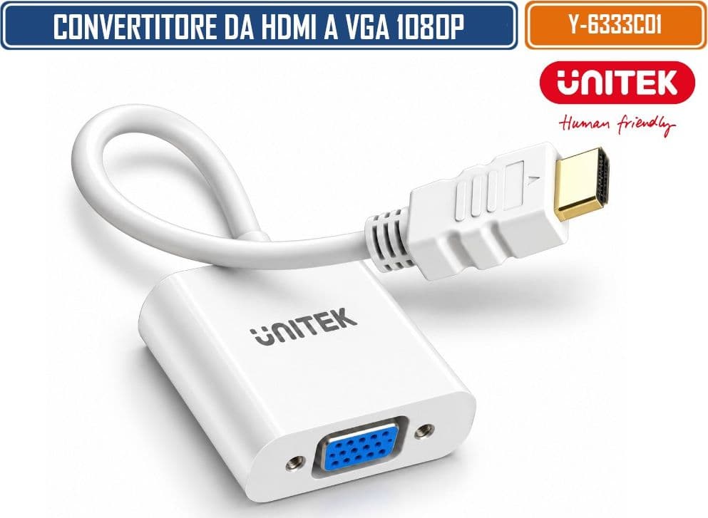UNITEK ADATTATORE CONVERTITORE HDMI MASCHIO A VGA FEMMINA FULL HD 1080P 60HZ CON CHIP INTEGRATO, CONNETTORE HDMI PLACCATO ORO E CAVO 15 CM – BIANCO - 7