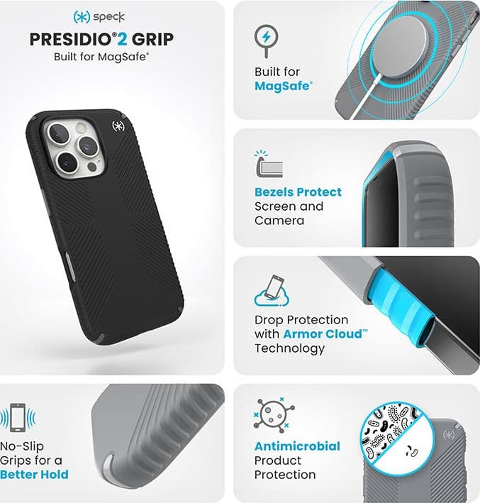 Speck Presidio2 Grip - Custodia per iPhone 16 Pro (Nero / Grigio Ardesia / Bianco) - 6