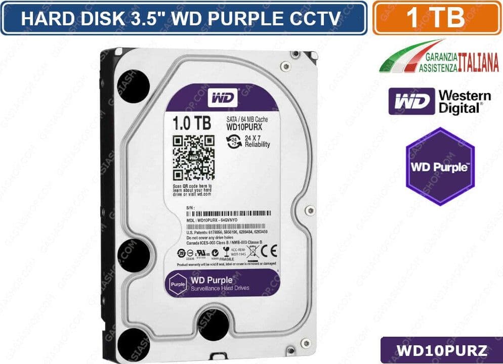 HARD DISK HD 3,5" SATA PURPLE 1000 GB 1TB 6Gb/s WESTERN DIGITAL WD10PURZ CCTV