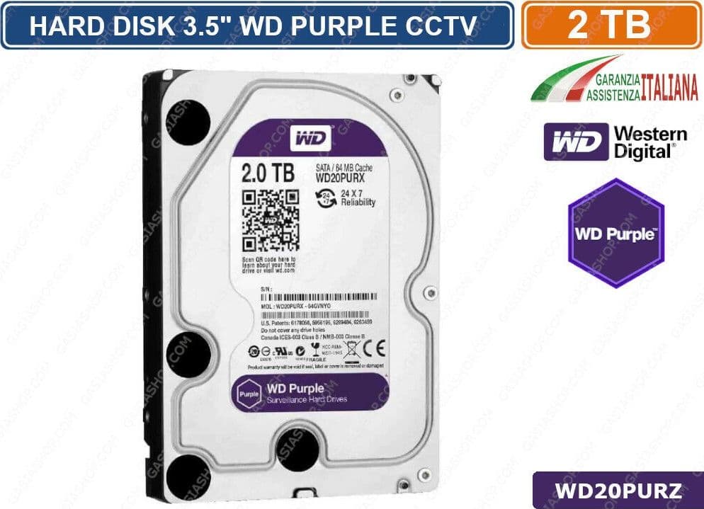 HARD DISK HD 3,5" SATA PURPLE 2000 GB 2TB 6Gb/s WESTERN DIGITAL WD22PURZ CCTV