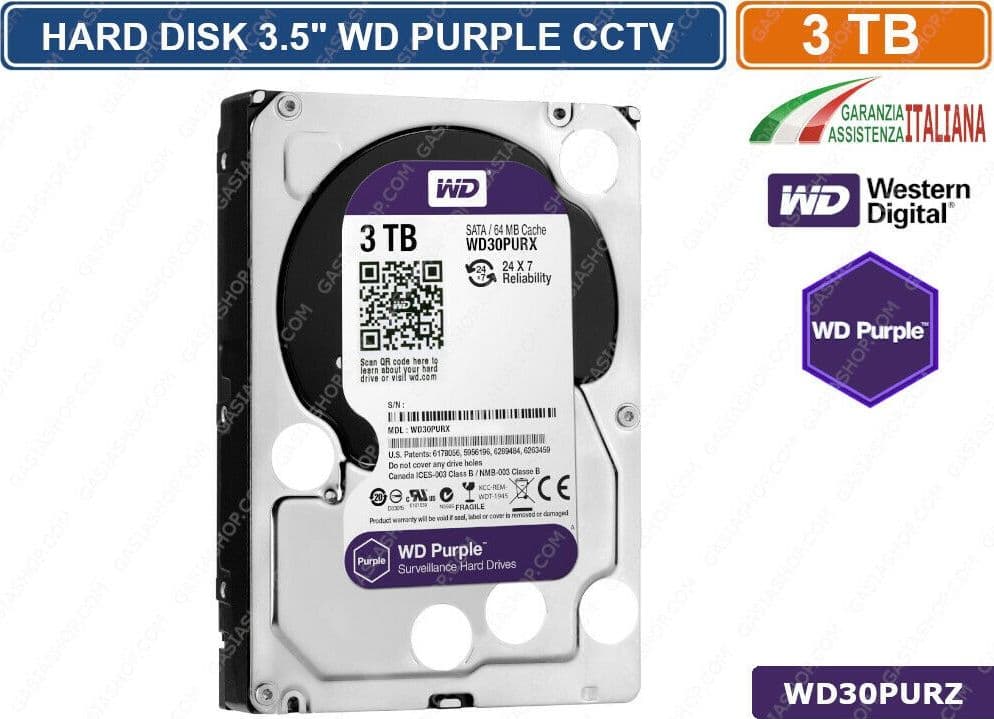 HARD DISK HD 3,5" SATA PURPLE 3000 GB 3TB 6Gb/s WESTERN DIGITAL WD30PURZ CCTV