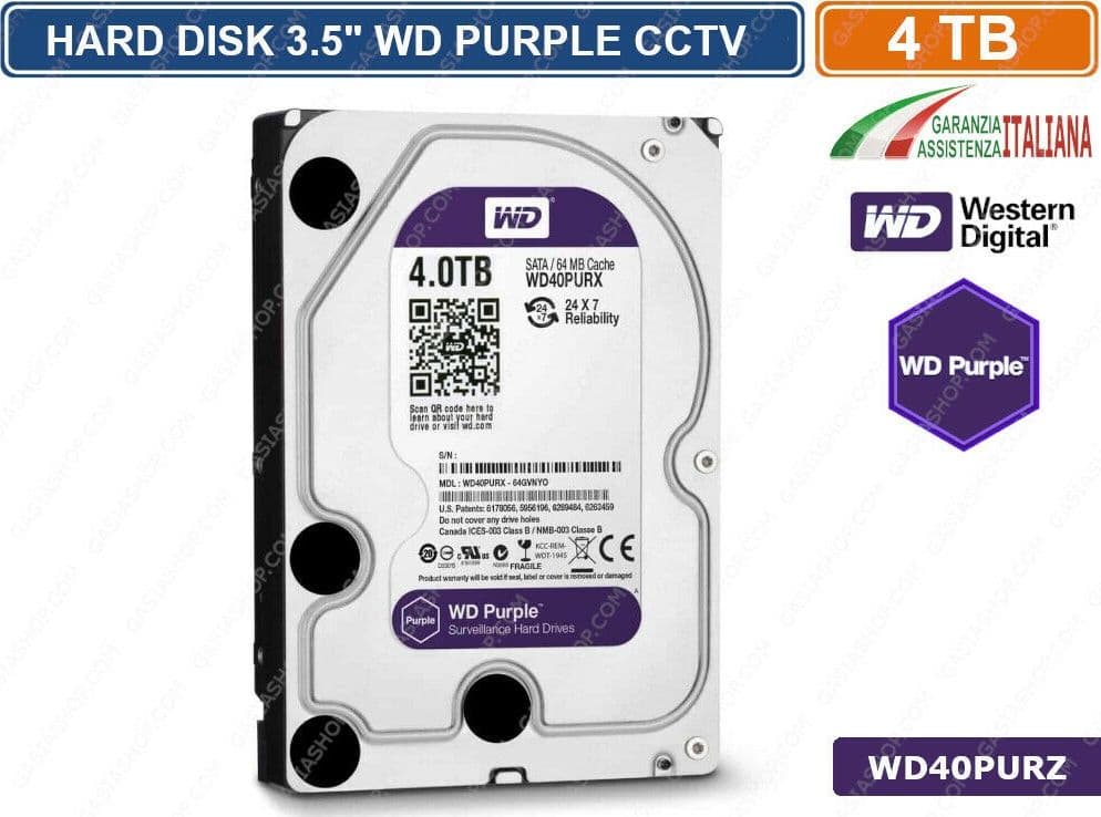 HARD DISK HD 3,5" SATA PURPLE 4000 GB 4TB 6Gb/s WESTERN DIGITAL WD43PURZ CCTV