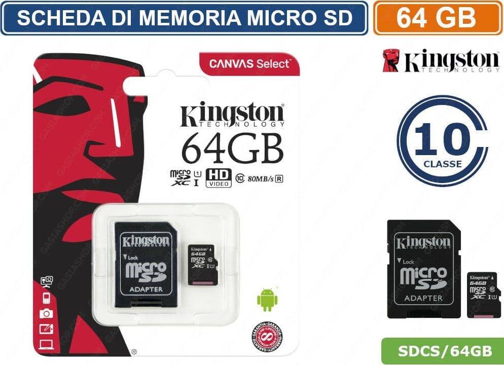 SCHEDA DI MEMORIA KINGSTON MEMORY CARD MICRO SD UHS-I CLASSE 10 80MB/s 64GB