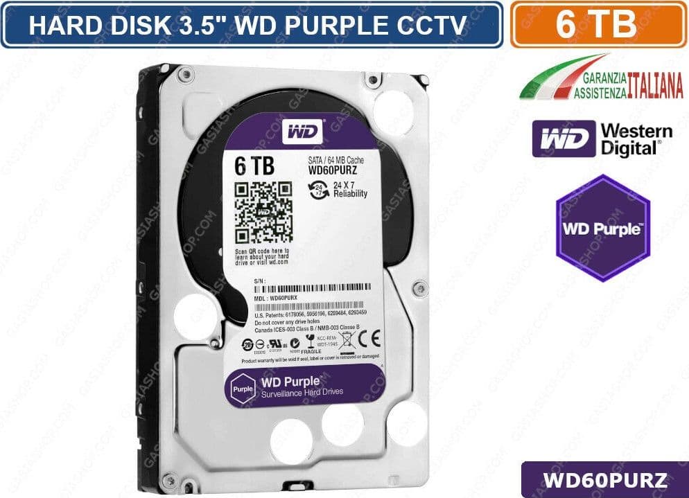 HARD DISK HD 3,5" SATA PURPLE 6000 GB 6TB WESTERN DIGITAL WD60PURZ CCTV CAMERA