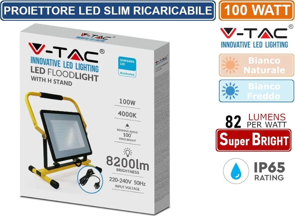 V-TAC VT-109 FARO LED FLOODLIGHT 100W PORTATILE SMD IP65 CHIP SAMSUNG NERO CON CAVO DA 3 METRI - SKU 2120124 / 2120125 - 2