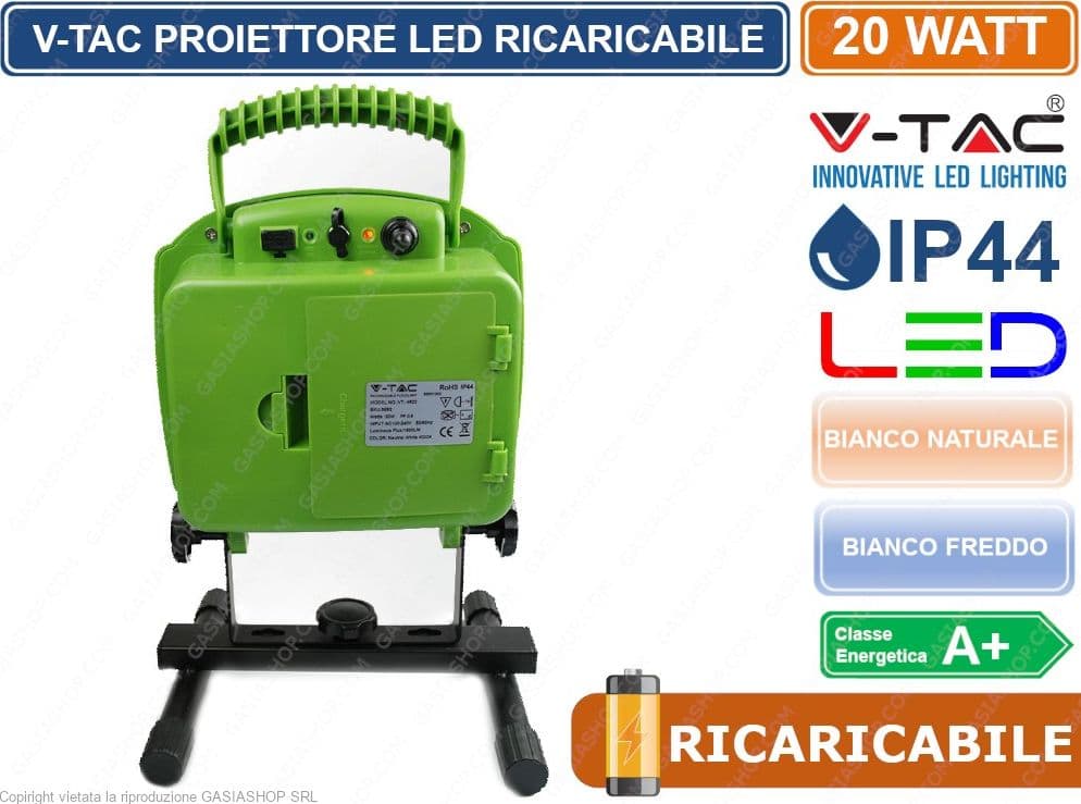 V-TAC VT-4822 FARETTO LED SMD 20W RICARICABILE A BATTERIA COLORE VERDE - SKU 5692 / 5735 - 4