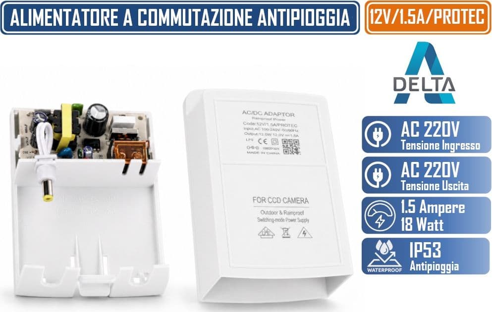 DELTA 12V/1.5A/PROTEC ALIMENTATORE A COMMUTAZIONE SWITCHING 1,5A DC 12V 18W DA ESTERNO IP53 ANTIPIOGGIA
