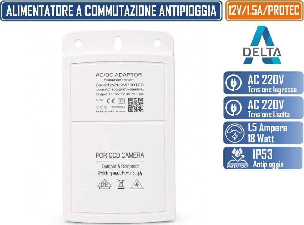 DELTA 12V/1.5A/PROTEC ALIMENTATORE A COMMUTAZIONE SWITCHING 1,5A DC 12V 18W DA ESTERNO IP53 ANTIPIOGGIA - 2