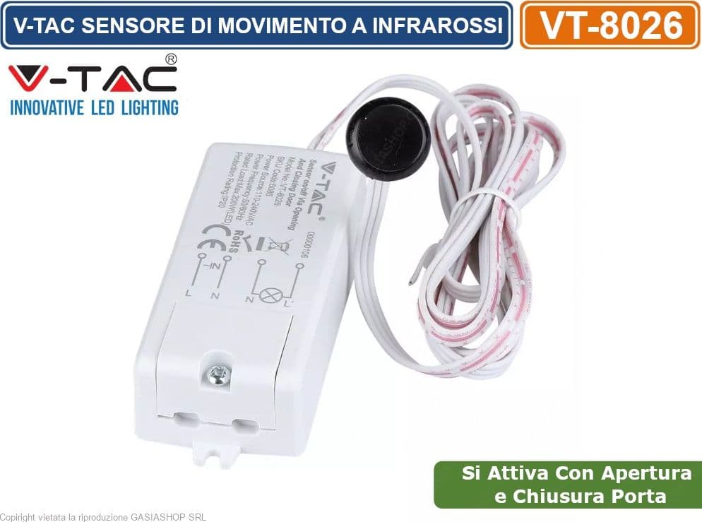 V-TAC VT-8026 SENSORE DI MOVIMENTO APERTURA PORTA A INFRAROSSI CORTO RAGGIO PER LAMPADINE - SKU 5085 - 2