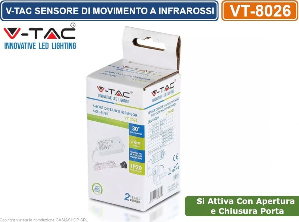 V-TAC VT-8026 SENSORE DI MOVIMENTO APERTURA PORTA A INFRAROSSI CORTO RAGGIO PER LAMPADINE - SKU 5085 - 4