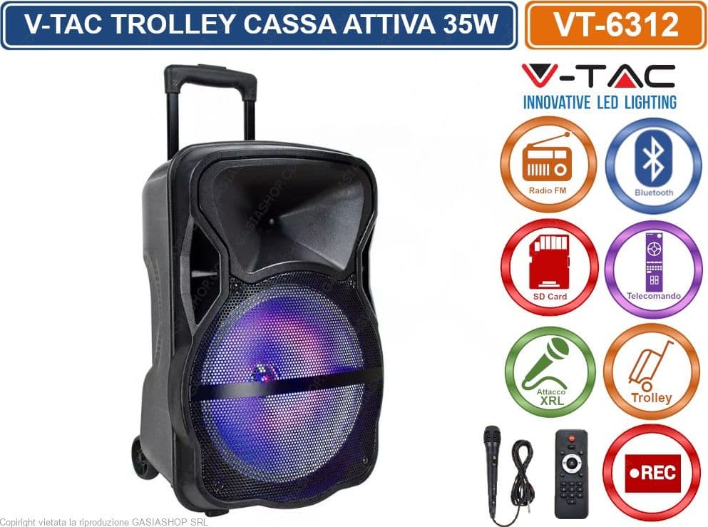 V-TAC AUDIO VT-6312 SOUNDOR 12 TROLLEY CASSA ATTIVA 35W CON BLUETOOTH KARAOKE LED RGB TELECOMANDO E MICROFONO - SKU 7737 - 2
