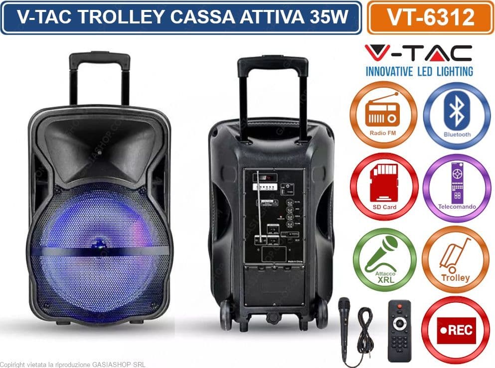 V-TAC AUDIO VT-6312 SOUNDOR 12 TROLLEY CASSA ATTIVA 35W CON BLUETOOTH KARAOKE LED RGB TELECOMANDO E MICROFONO - SKU 7737 - 3