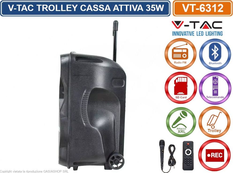 V-TAC AUDIO VT-6312 SOUNDOR 12 TROLLEY CASSA ATTIVA 35W CON BLUETOOTH KARAOKE LED RGB TELECOMANDO E MICROFONO - SKU 7737 - 4