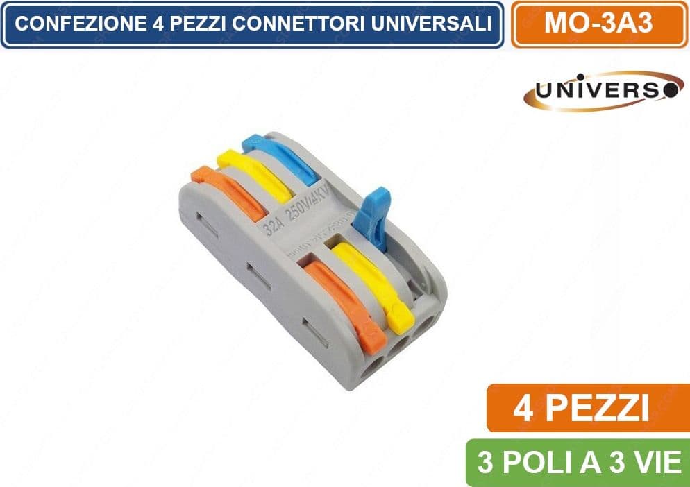 CONFEZIONE 4 CONNETTORI MORSETTO DI COLLEGAMENTO UNIVERSALE 3 POLI A 3 VIE - 2