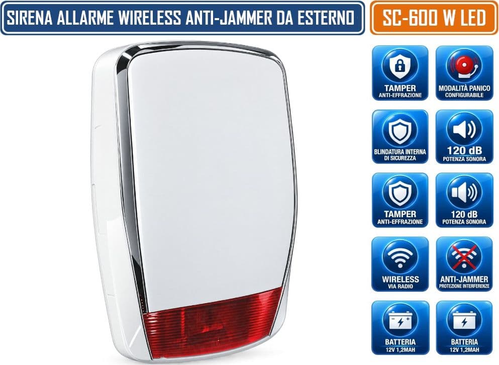 SIRENA DI ALLARME WIRELESS SC-600 W 120DB CON STATO IMPIANTO ANTI-JAMMER TAMPER DOPPIO ALTOPARLANTE LED E BATTERIA TAMPONE