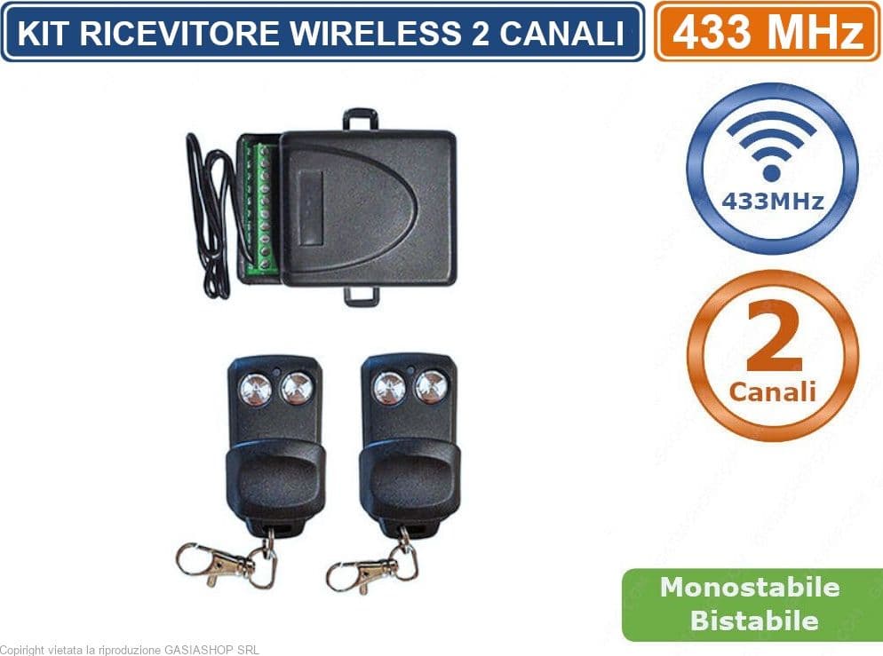 KIT RICEVITORE WIRELESS 433MHz CENTRALINA + 2 TELECOMANDI MONOSTABILE BISTABILE