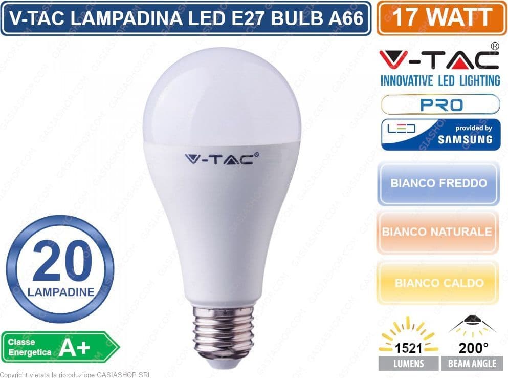 KIT 20 LAMPADINE V-TAC PRO VT-217 LAMPADINA LED E27 17W BULB A66 CHIP SAMSUNG - SKU 162 / 163 / 164 - 2
