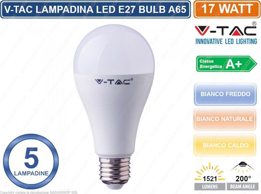 KIT 5 V-TAC VT-2017 LAMPADINA LED E27 17W BULB A65 - SKU 214456 / 214457 / 214458 - 2