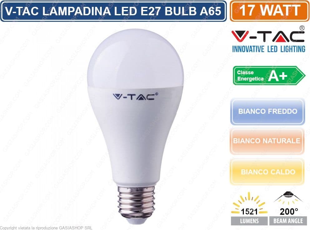 V-TAC VT-2017 LAMPADINA LED E27 17W BULB A65 - SKU 214456 / 214457 / 214458
