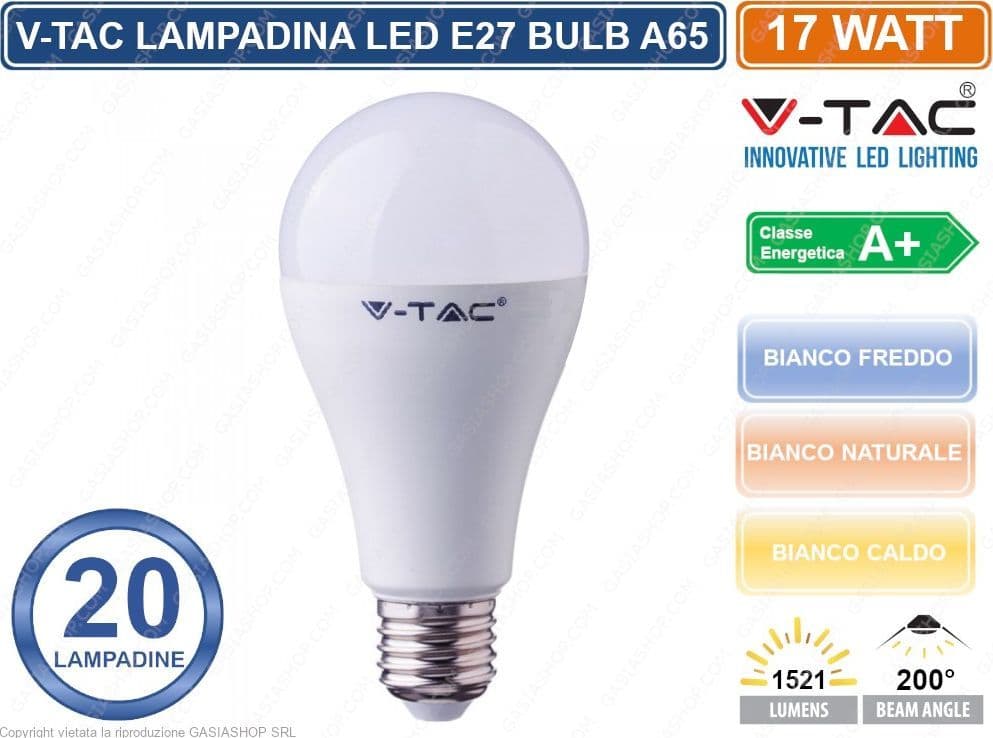 KIT 20 V-TAC VT-2017 LAMPADINA LED E27 17W BULB A65 - SKU 214456 / 214457 / 214458 - 2