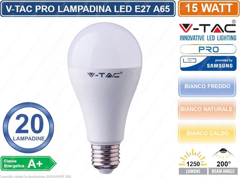 CONFEZIONE 20 PEZZI LAMPADINA LED E27 15W BULB A66 CHIP SAMSUNG V-TAC PRO VT-215 - SKU 159 / 160 / 161 - 2