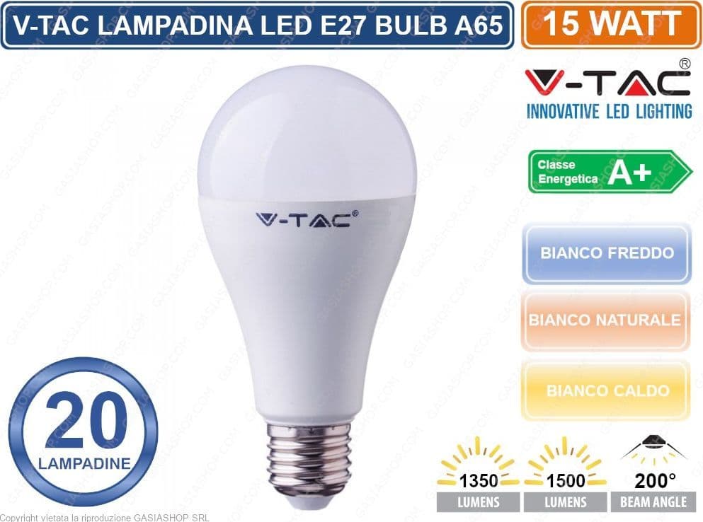 KIT 20 V-TAC VT-2015 LAMPADINA LED E27 15W BULB A65 - SKU 214453 / 214454 / 214455 - 2