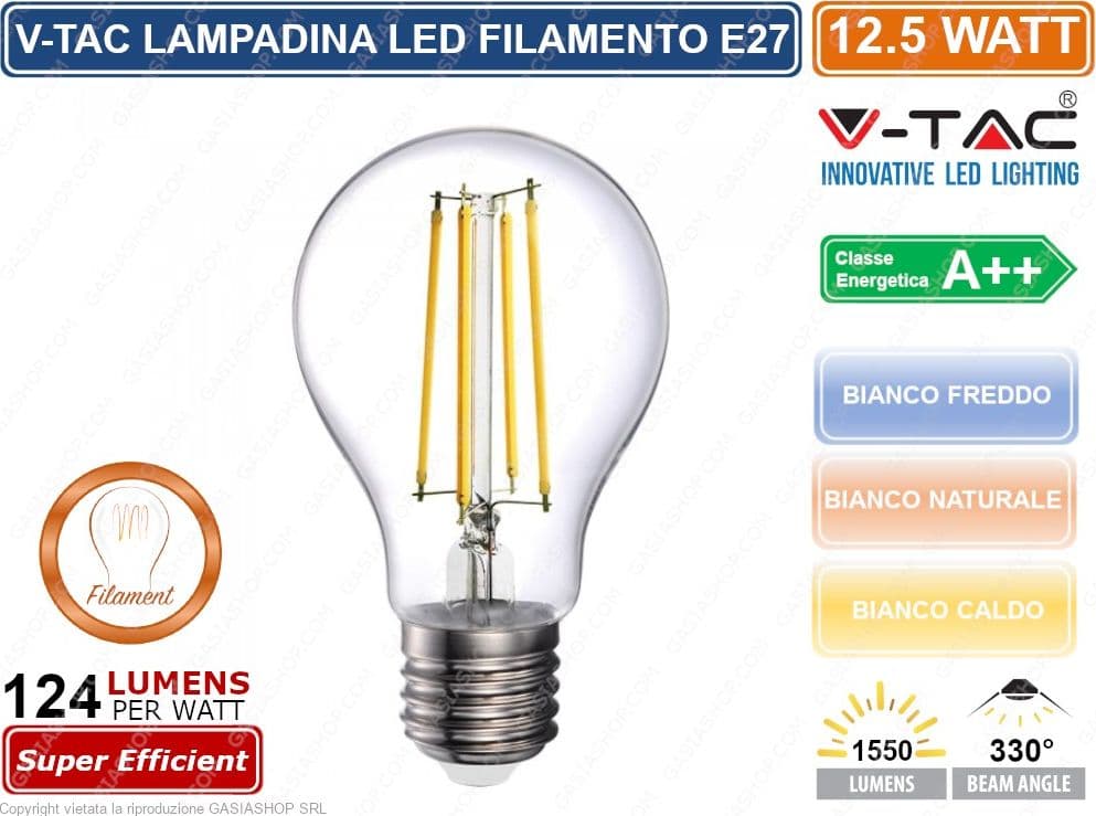 V-TAC VT-2133 LAMPADINA LED FILAMENT E27 12,5W BULB A70 - SKU 7458 / 7459 / 7460