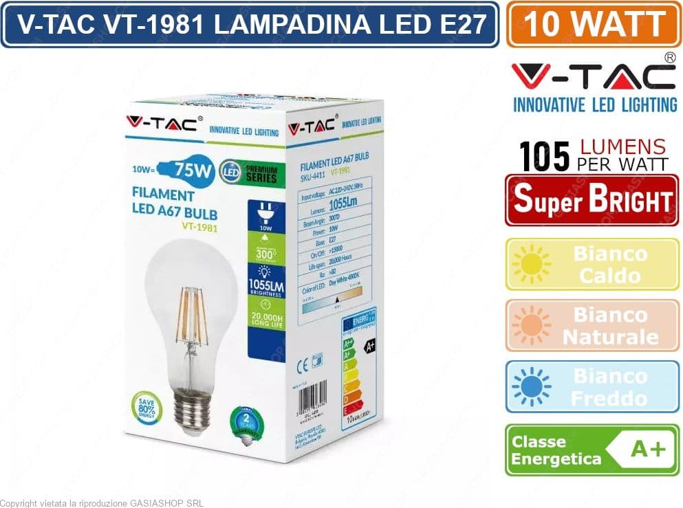 V-TAC VT-1981 LAMPADINA LED E27 10W BULB A60 GOCCIA FILAMENTO EXTRA LUNGO VETRO TRASPARENTE - SKU 214410 / 214411 / 214412 - 2