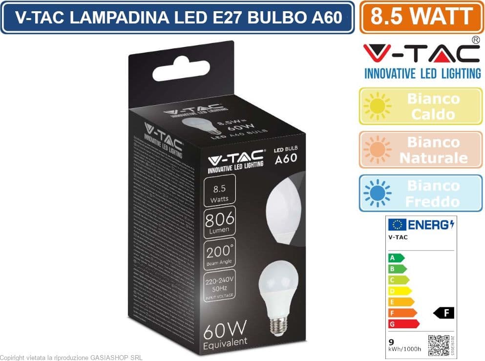 KIT 15 V-TAC VT-2099 LAMPADINA LED E27 8.5W BULB A60 806 LUMEN - SKU 217260 / 217261 / 217262 - 4