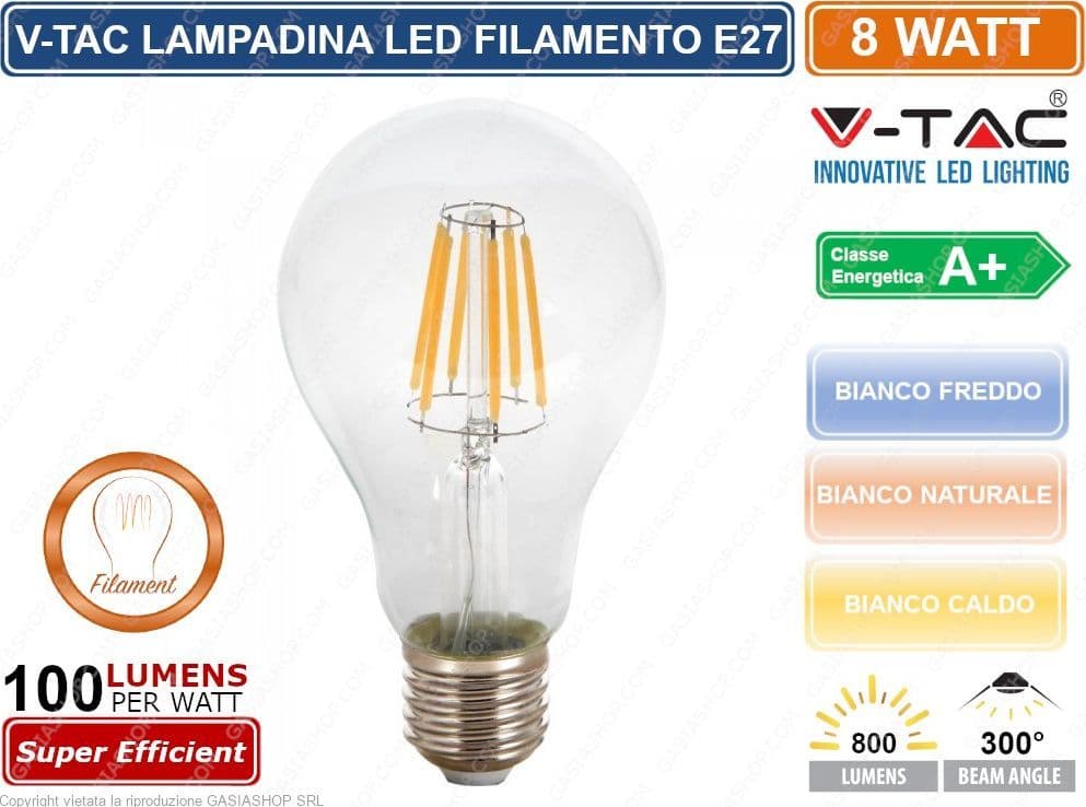 V-TAC VT-1978 LAMPADINA LED E27 8W BULB A67 FILAMENTO - SKU 4407 / 4408 / 4409 - 2