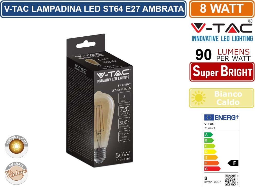 V-TAC VT-1968 LAMPADINA LED E27 8W GOCCIA ST64 FILAMENTO VETRO AMBRATO - 214421 - 2