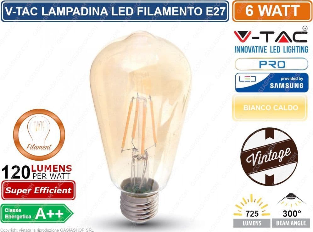 V-TAC PRO VT-276 LAMPADINA LED E27 6W BULB ST64 FILAMENTO - SKU 290 - 2