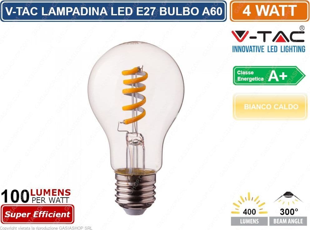 V-TAC VT-2164 LAMPADINA LED E27 4W BULB A60 FILAMENTO COB - SKU 7336 - 2