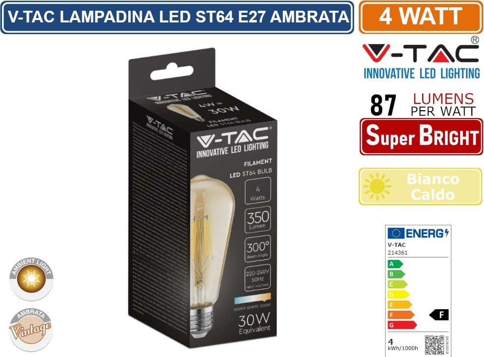 V-TAC VT-1964 LAMPADINA LED E27 4W BULB ST64 FILAMENT VETRO AMBRATO - SKU 214361 - 2