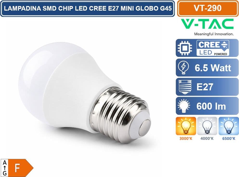 V-TAC VT-290 LAMPADINA LED E27 6.5W MINIGLOBO G45 CHIP LED CREE 3000K 4000K 6500K - 3