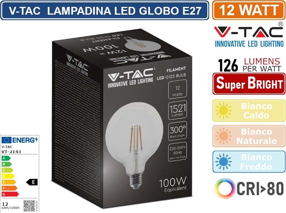 V-TAC VT-2143 LAMPADINA LED A FILAMENTO ATTACCO E27 12W GLOBO G125 1521 LUMEN  - SKU 217453 / 217454 / 217455 - 2