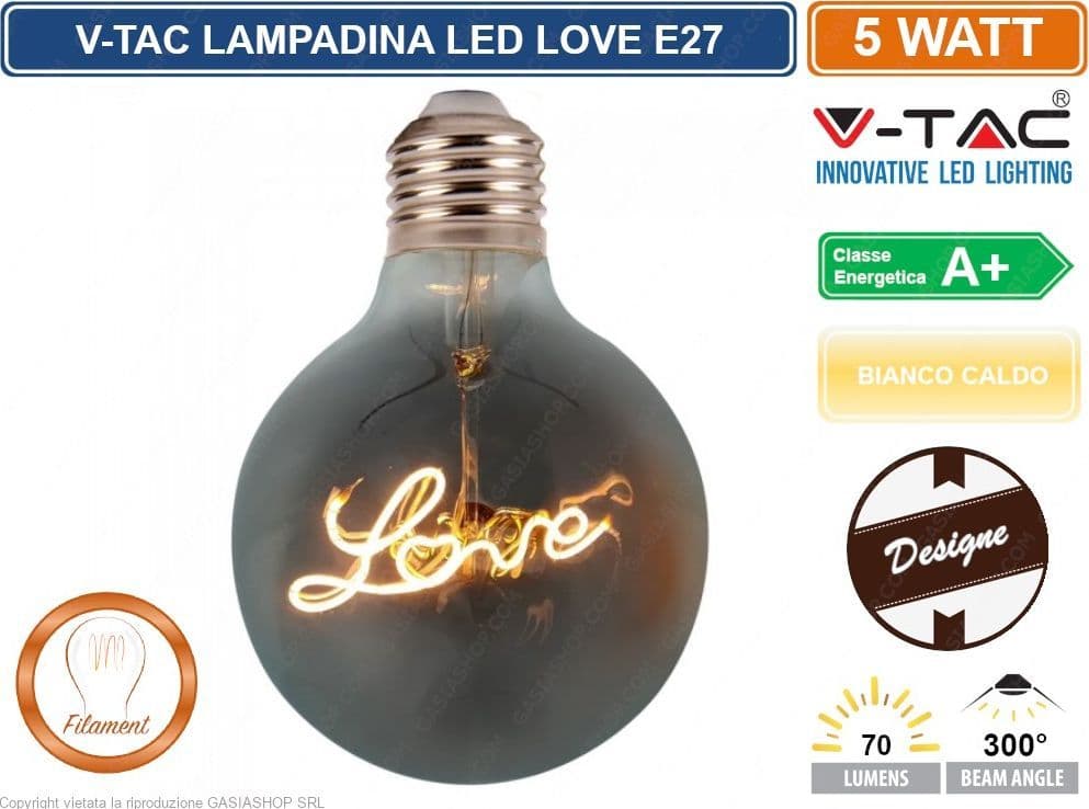 V-TAC VT-2205 LAMPADINA E27 FILAMENTO LED SCRITTA LOVE CUORE 5W GLOBO G125 VETRO OSCURATA DIMMERABILE - SKU 2700 - 2