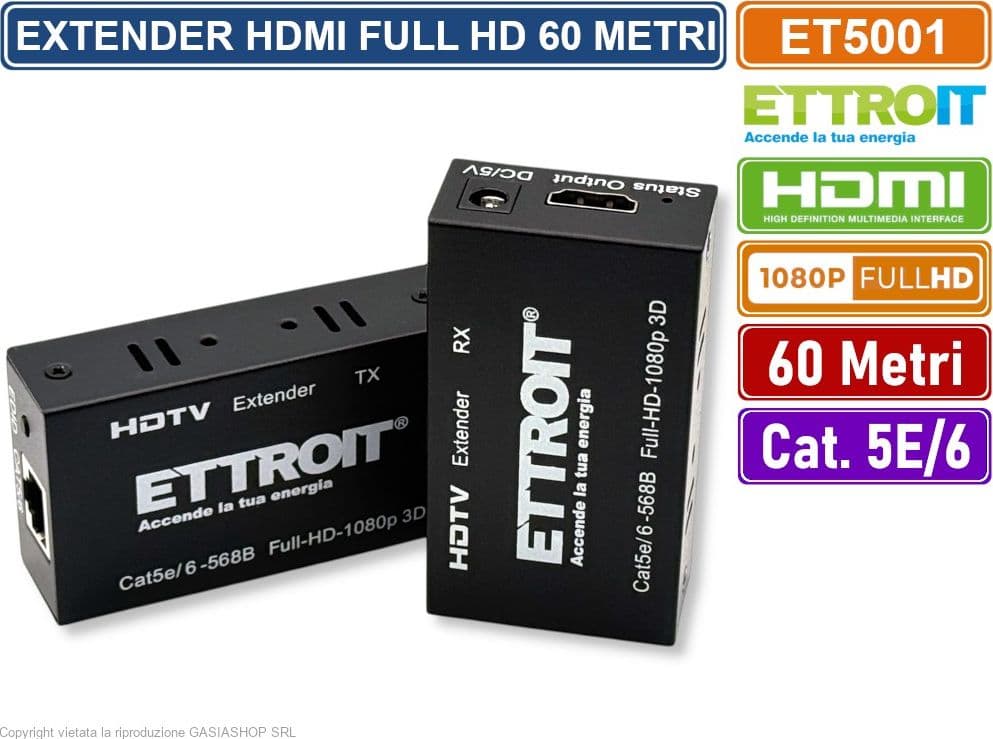 ETTROIT ET5001 EXTENDER ESTENSORE HDMI FULL HD 1080P 3D HDCP SU CAVO LAN RJ45 60 METRI - 2
