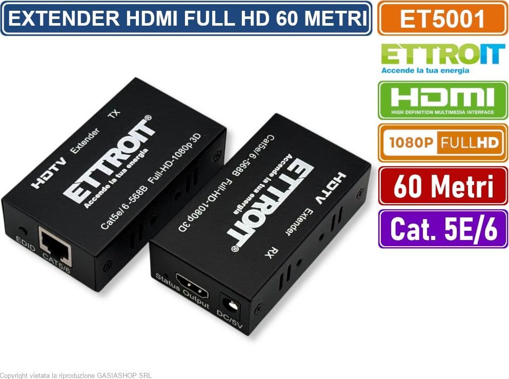 ETTROIT ET5001 EXTENDER ESTENSORE HDMI FULL HD 1080P 3D HDCP SU CAVO LAN RJ45 60 METRI - 3