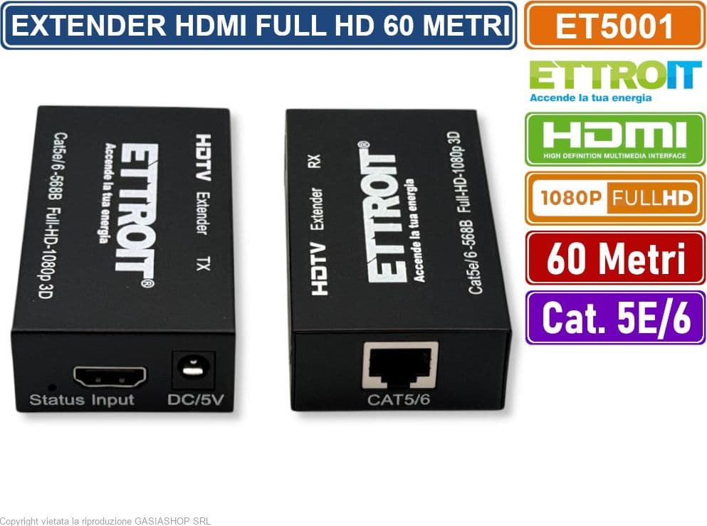 ETTROIT ET5001 EXTENDER ESTENSORE HDMI FULL HD 1080P 3D HDCP SU CAVO LAN RJ45 60 METRI - 4